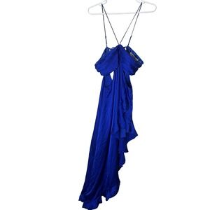 Delfi Collective Dress Womens Large Blue Ruffle Maxi Strappy Open Back Gown